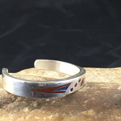 Coral, Lapis Ruby Navajo Sterling Silver Inlay Bracelet 1982