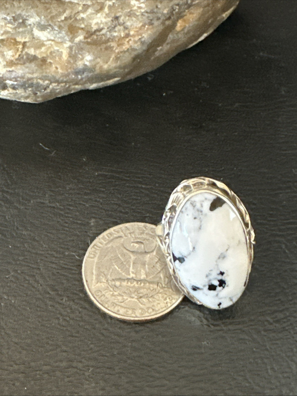 Black White Buffalo Turquoise Navajo Sterling Silver Ring Size 7.5 19805