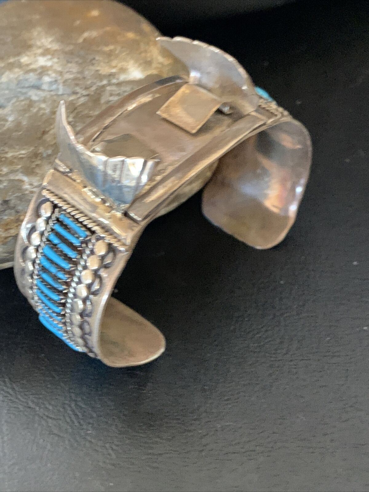 Mens Blue Turquoise Zuni Sterling Silver Inlay Cuff Watch Tips Bracelet 19033