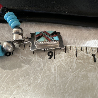 Multicolor Turquoise Coral Navajo Sterling Silver Inlay Pendant Necklace 19649
