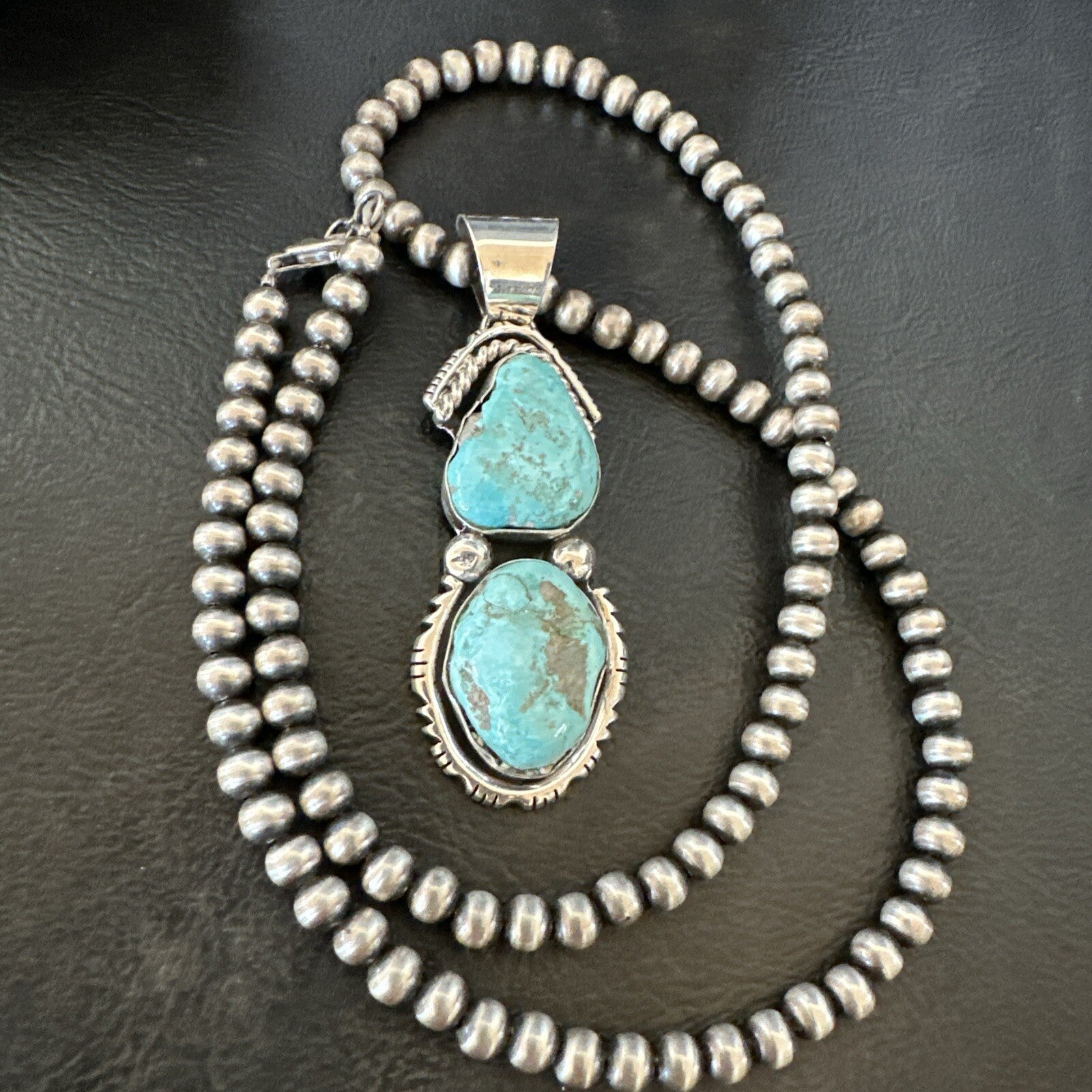 Blue Turquoise 2 Stone Navajo Sterling Silver Cluster Pendant 18308
