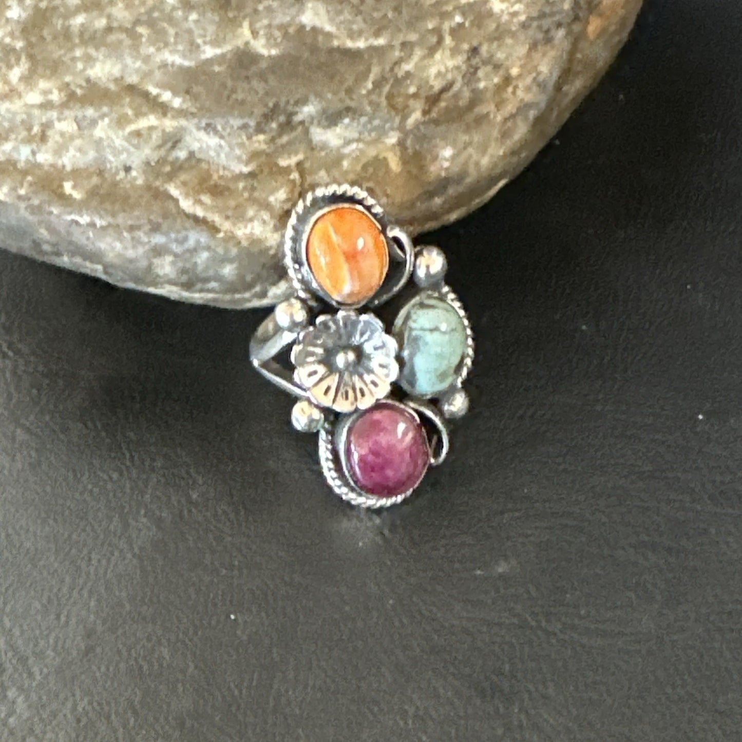 Multicolor Ring Turquoise Spiny Navajo Sterling Silver Cluster Size 8 19171