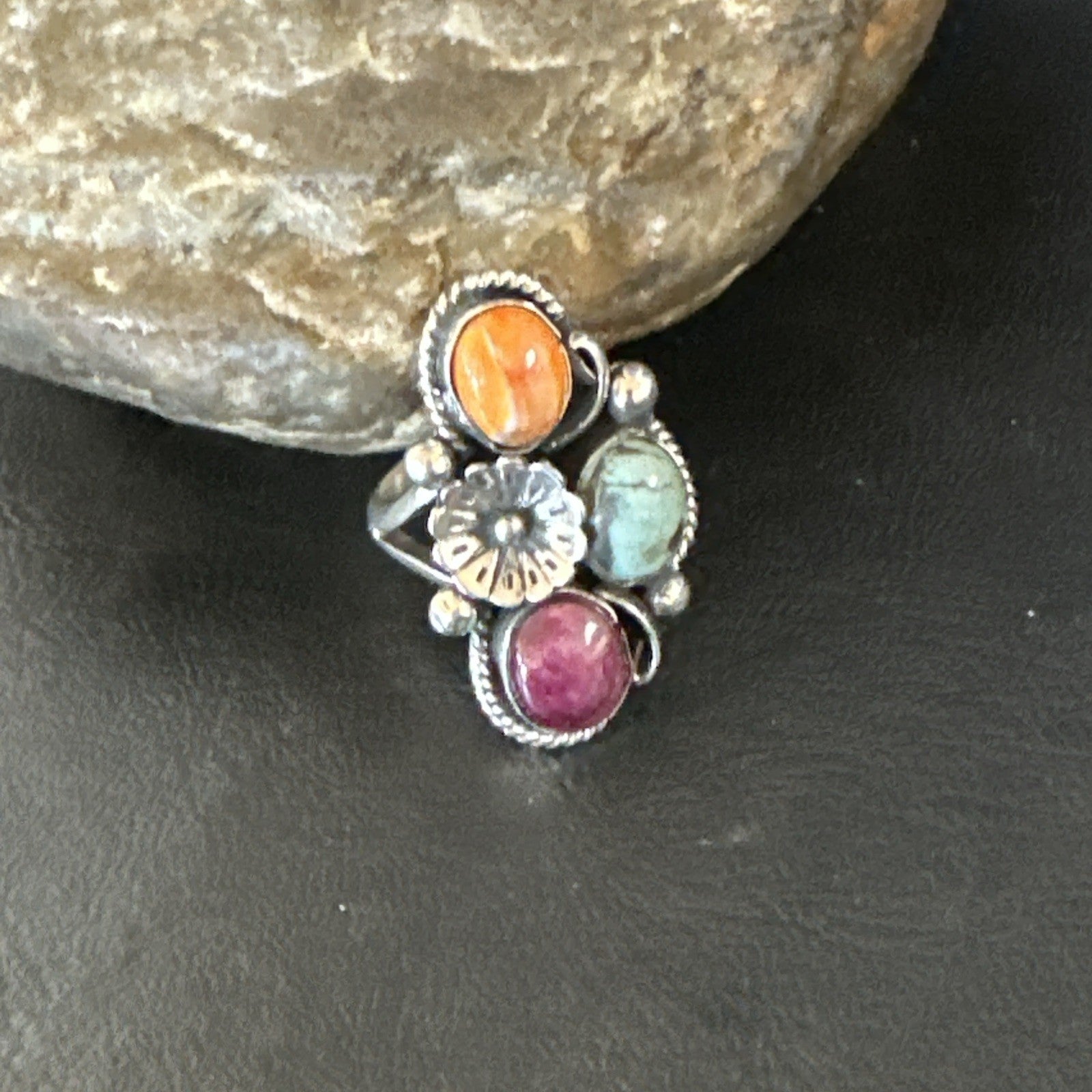 Multicolor Ring Turquoise Spiny Navajo Sterling Silver Cluster Size 8 19171