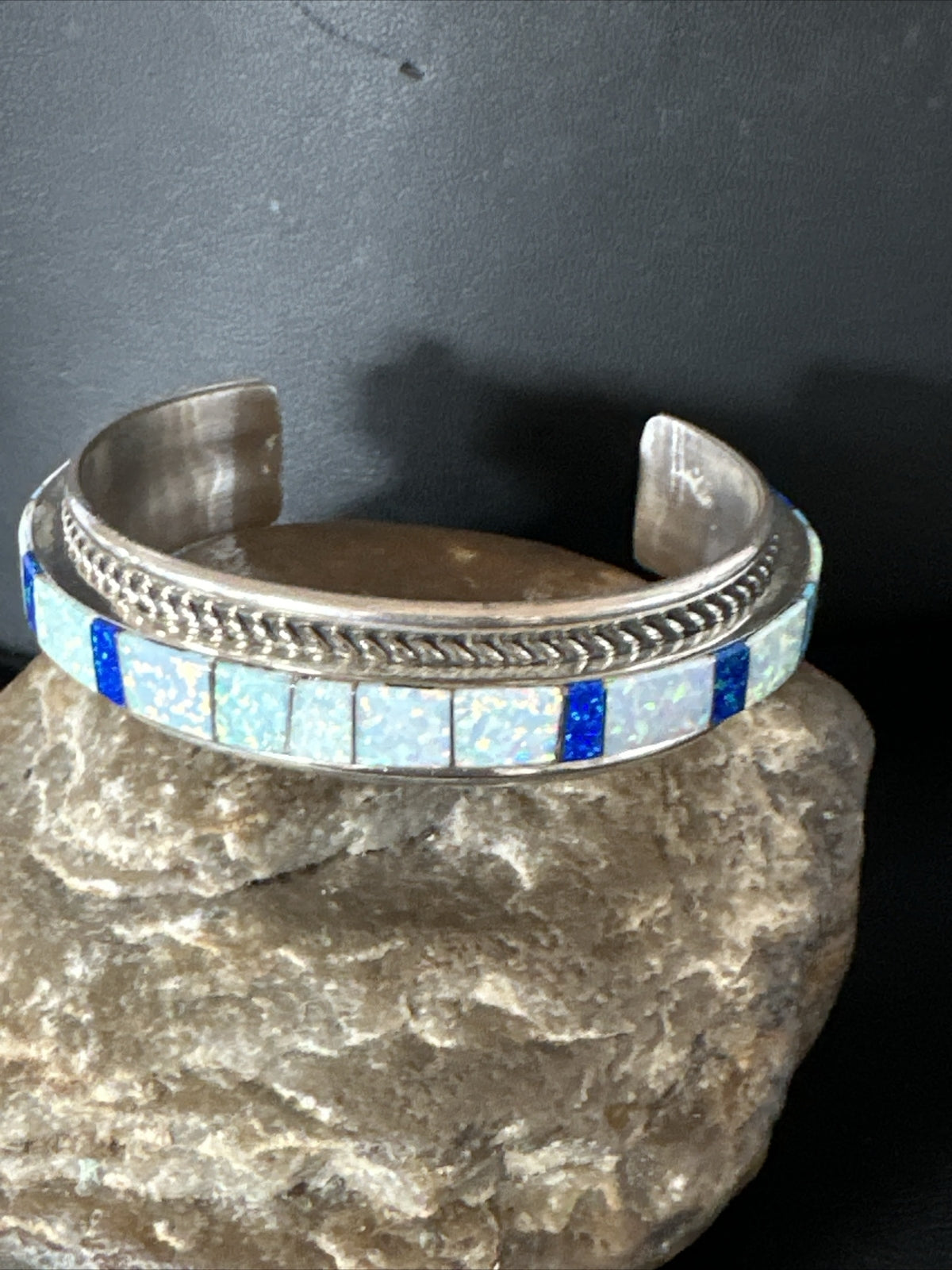 Blue Lapis Opal Zuni Sterling Silver Cuff Inlay Bracelet 17956