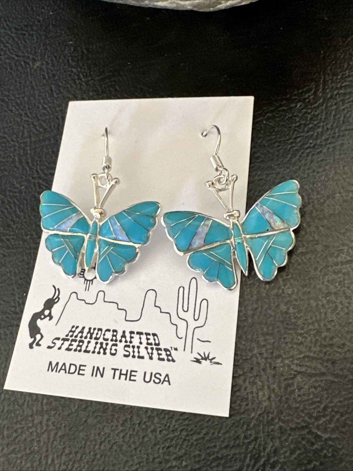 Butterfly Blue Turquoise Opal Inlay Sterling Silver Dangle Earrings 19137