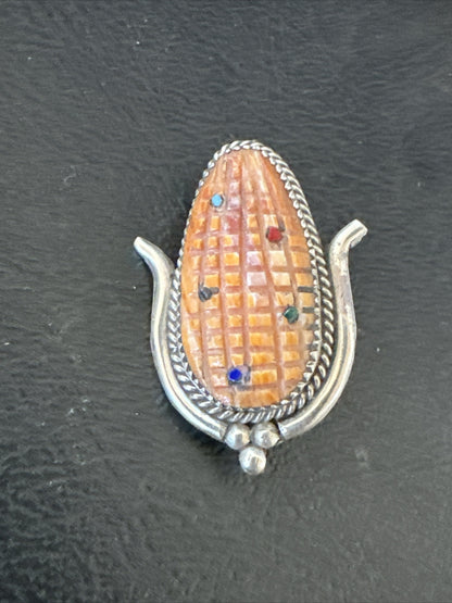 CORN INLAY Orange Spiny Turquoise Coral Zuni Sterling Silver Pin Pendant 17851