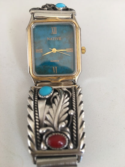 Women Blue Sleeping Beauty Turquoise Red Coral Sterling Silver Watches 10010