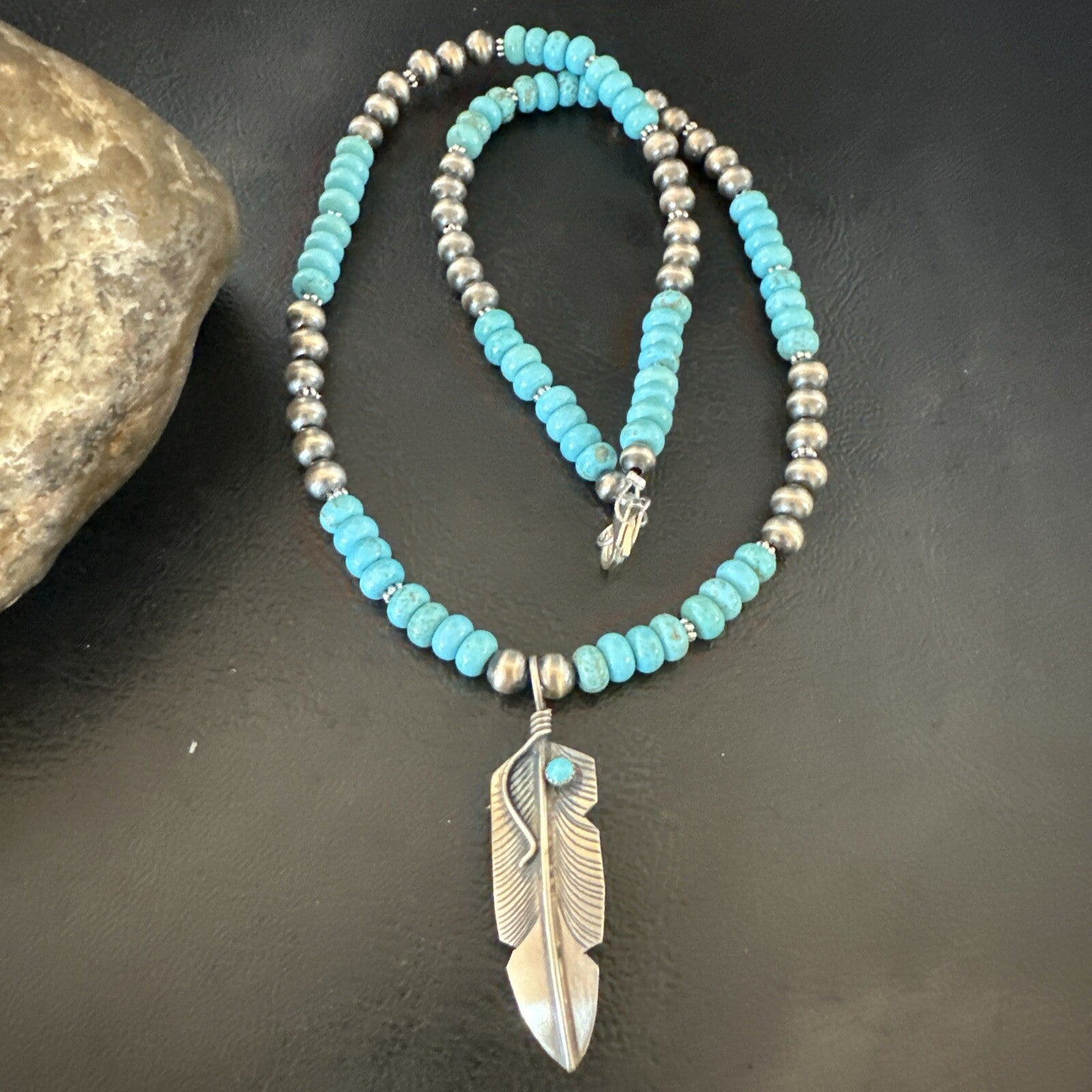 Mens Feather Turquoise Pendant Navajo Sterling Silver Necklace 18060