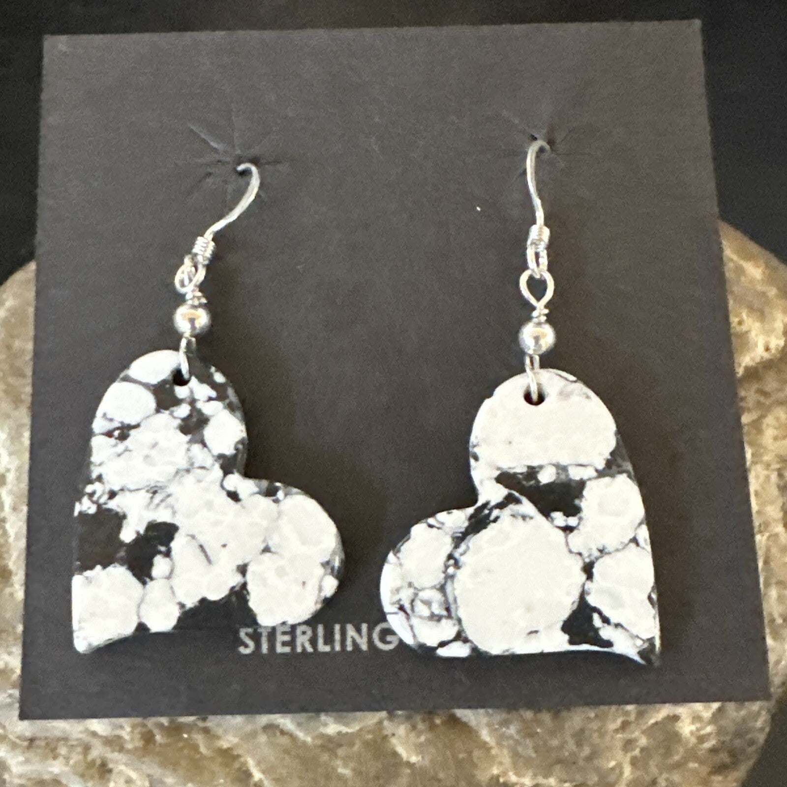 Heart Navajo Slab White Buffalo Turquoise Sterling Silver Earrings 17879