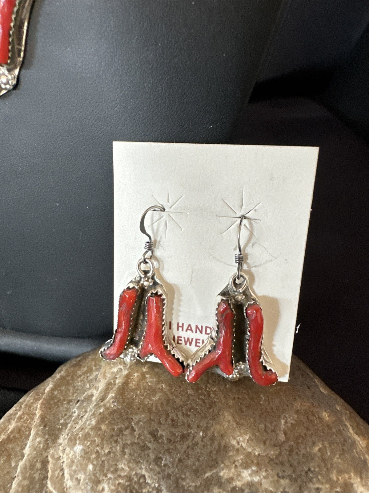 Branch Real Coral Zuni Inlay Sterling Silver Necklace Earrings 21" Set 19276