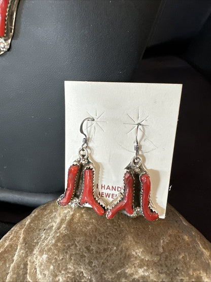 Branch Real Coral Zuni Inlay Sterling Silver Necklace Earrings 21" Set 19276