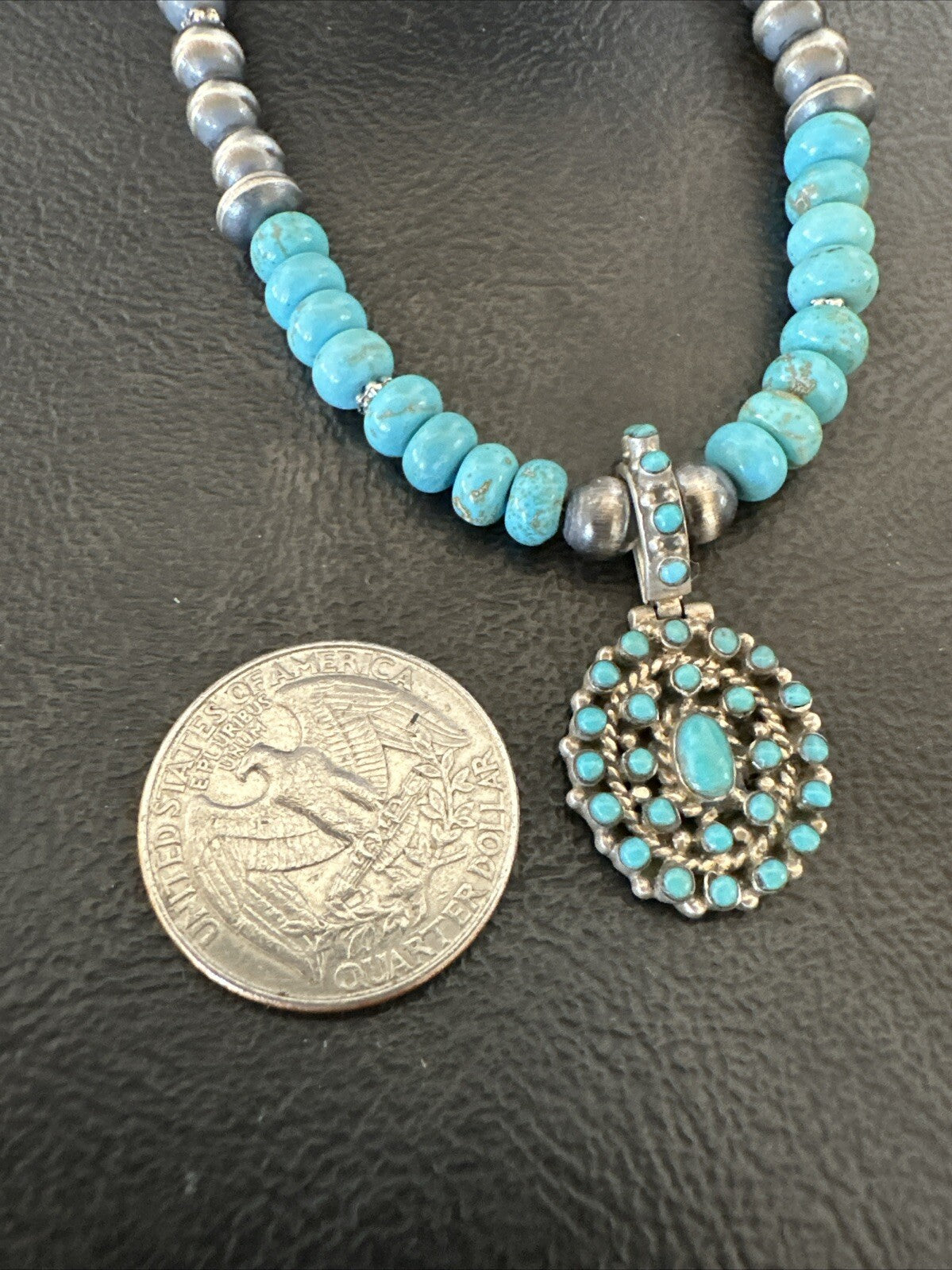 Zuni Blue Kingman Turquoise Cluster Pendant Sterling Silver Necklace 21" 18381