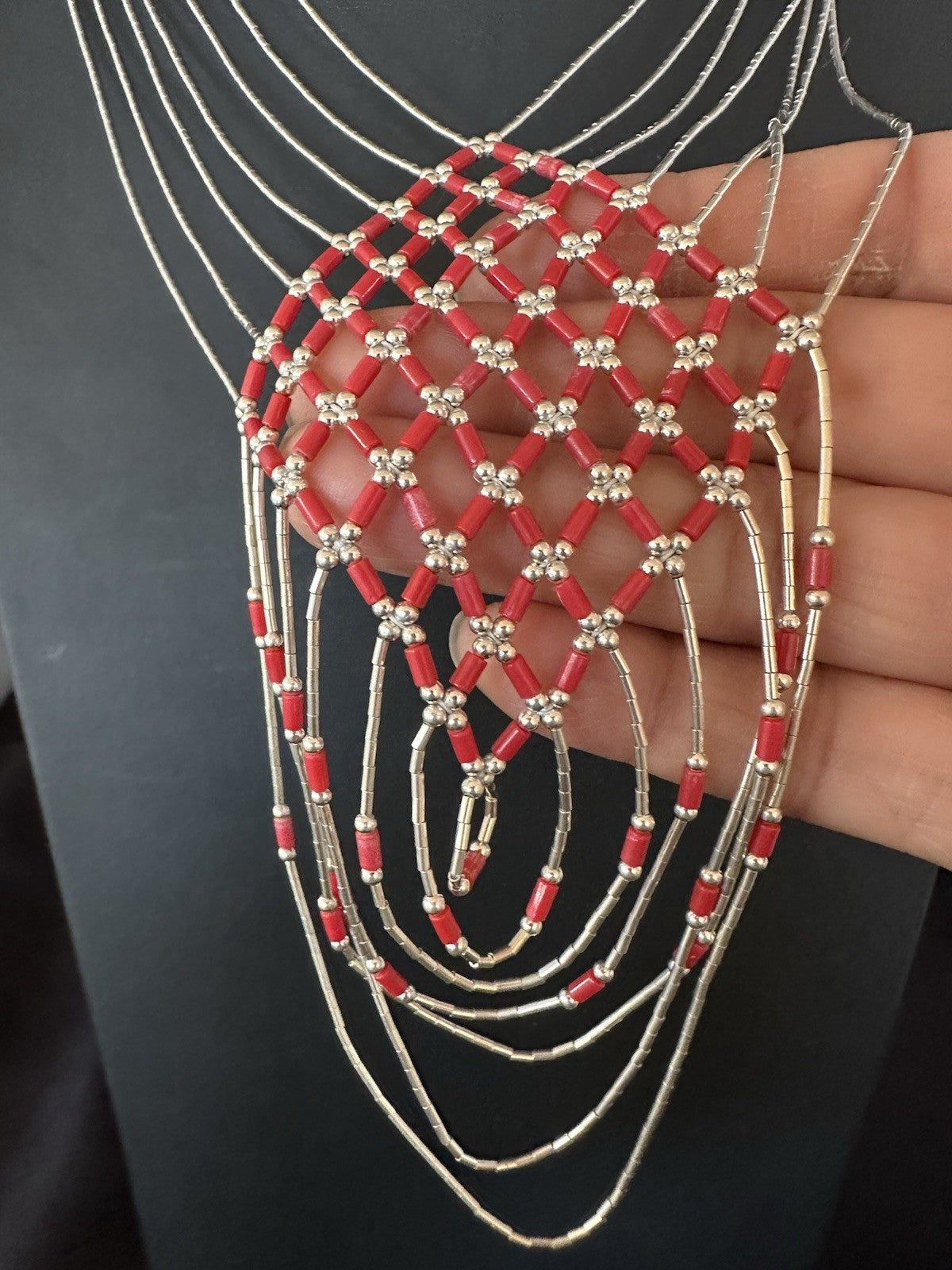 Red Coral Heishi Tubes Pendant 7 Strand Liquid Sterling Silver Necklace 19750