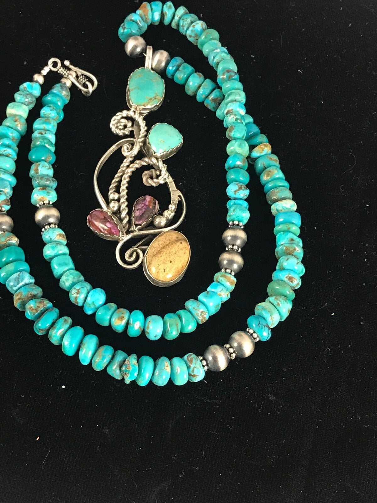 Blue Turquoise, Spiny Oyster Pendant Navajo Pearls Sterling Silver Necklace 8487