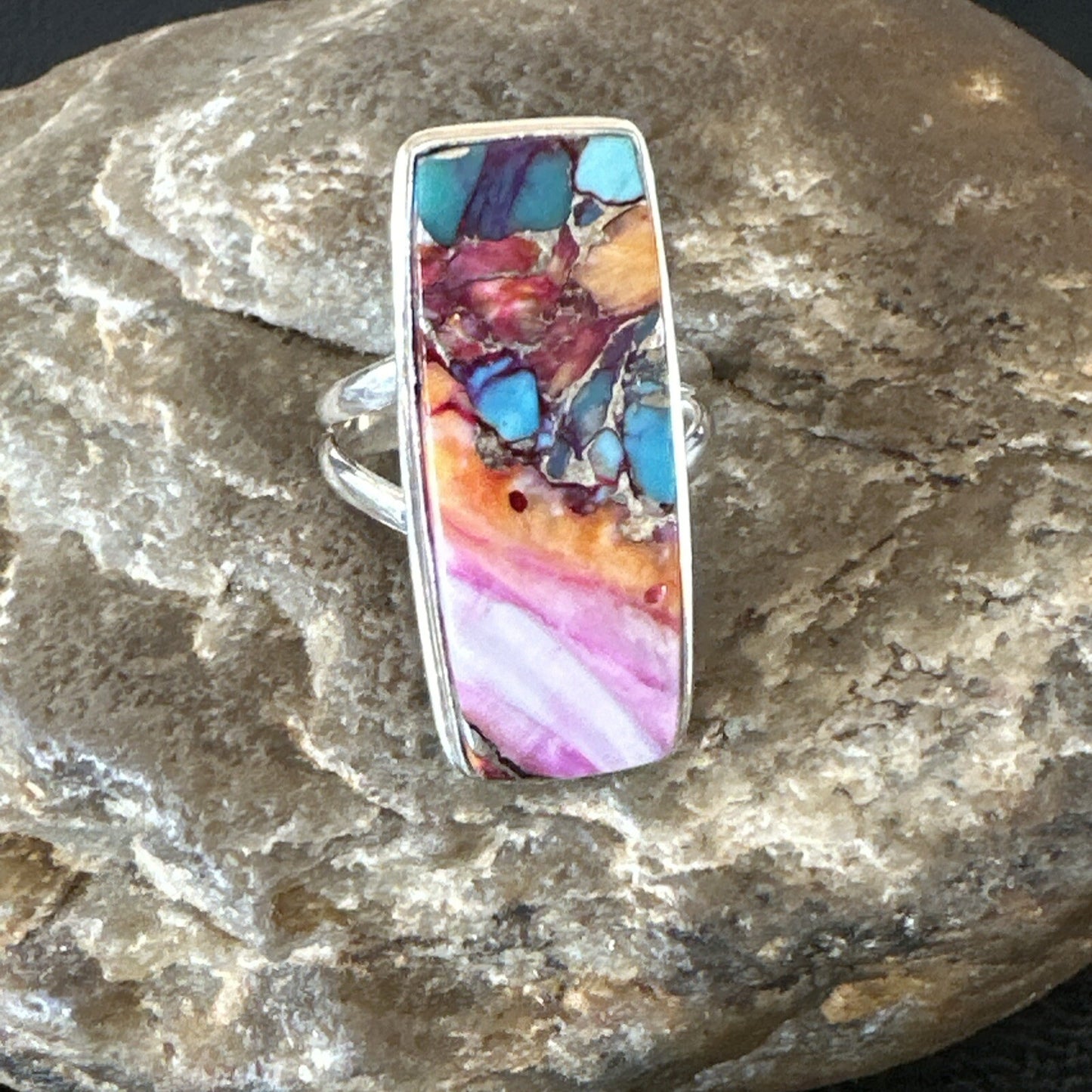 Blue Turquoise Spiny Oyster Navajo Sterling Silver Ring Size 7 18223