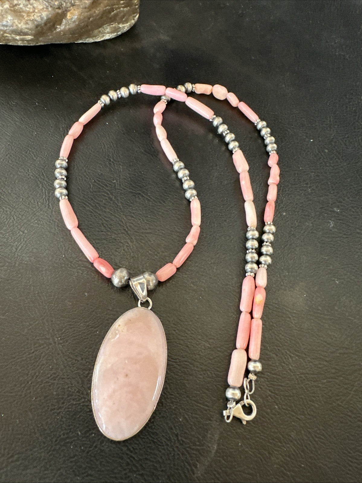 Southwestern Sterling Silver Pink Coral Bead Necklace Quartz Pendant 24" 19586