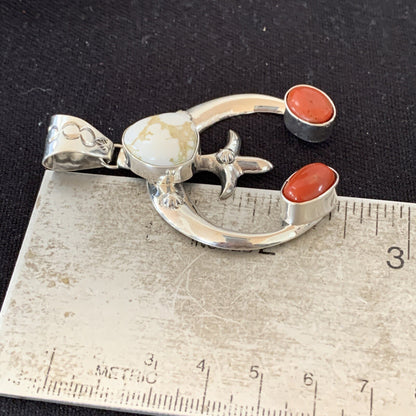 White Buffalo Turquoise Coral Naja Pendant Navajo Sterling Silver Necklace 01434