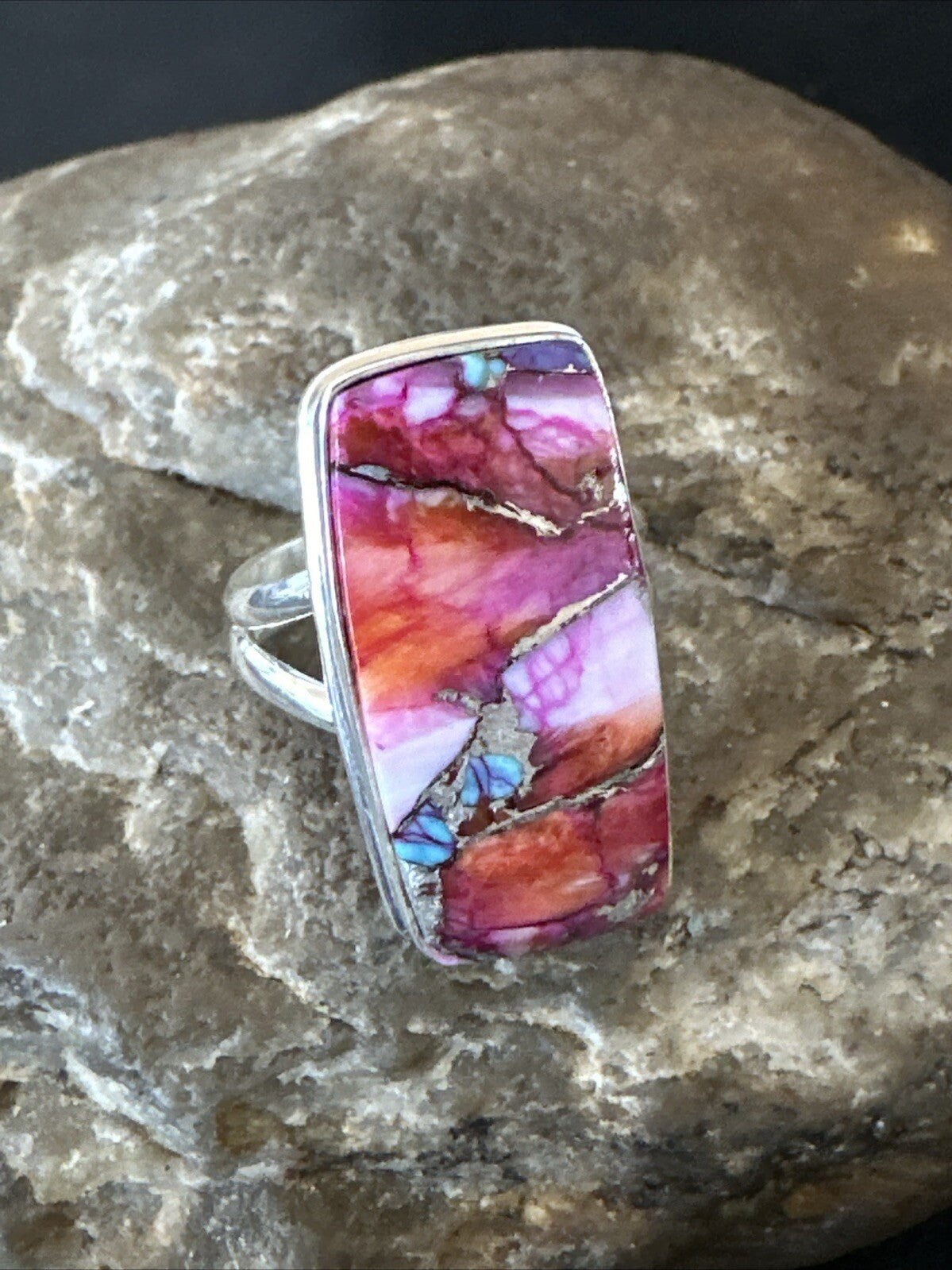 Blue Turquoise Spiny Oyster Southwestern Sterling Silver Ring Size 8 18486
