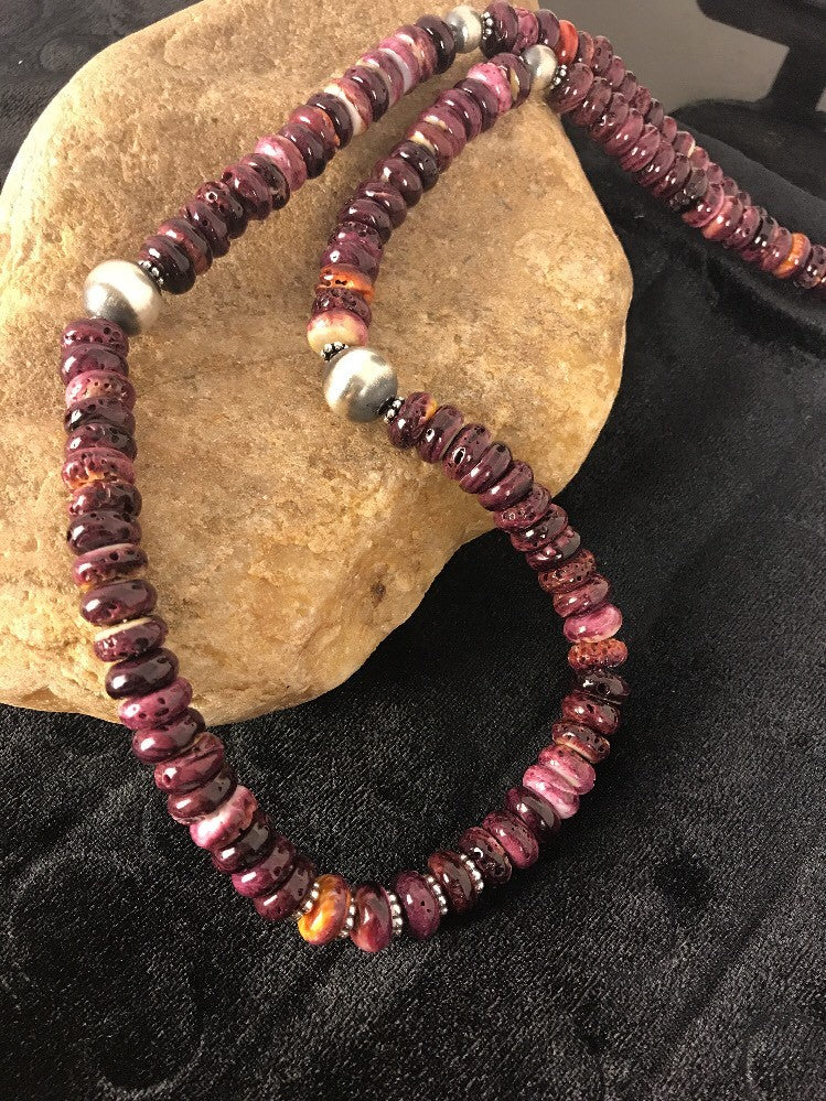 Purple Spiny Oyster 10 mm Bead Navajo Sterling Silver Beads Necklace 00409
