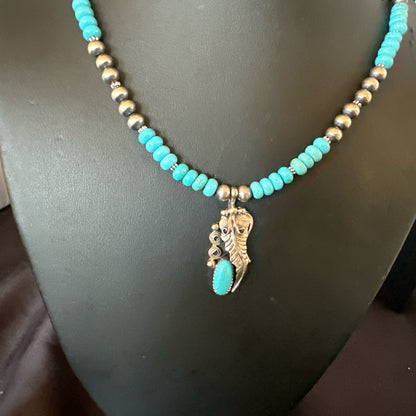 Mens Feather Turquoise Pendant Navajo Sterling Silver Necklace 18061