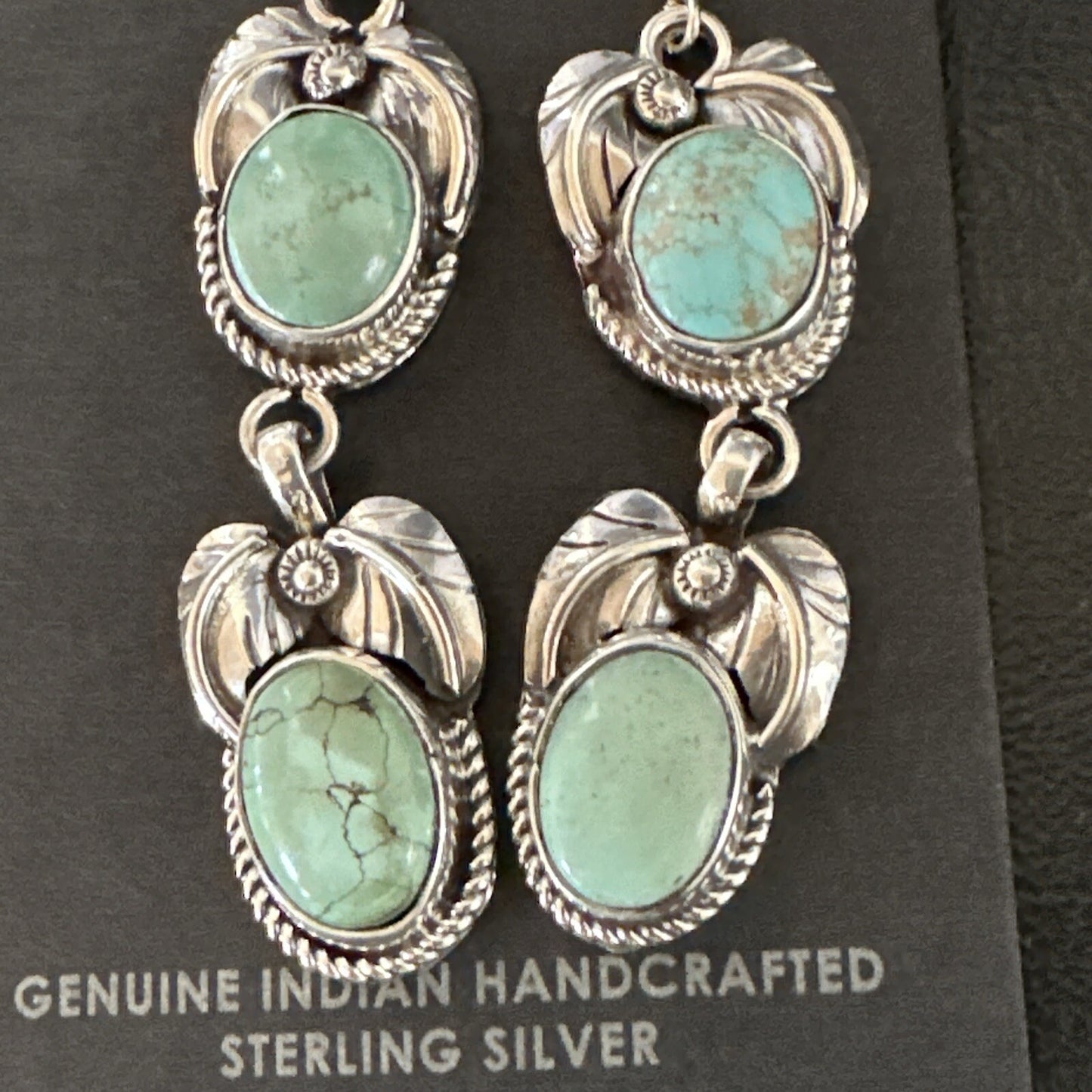 Native Navajo Blue Green Turquoise Sterling Silver Dangle Earrings 2” 17917