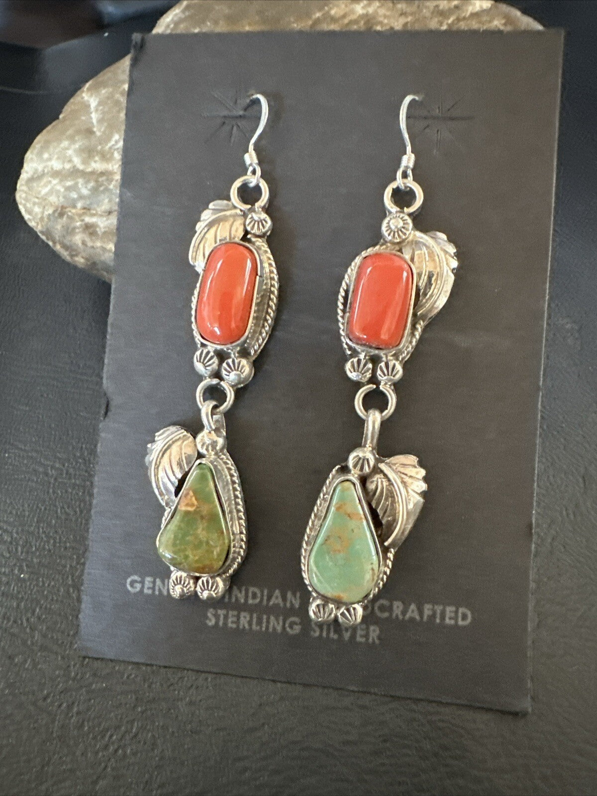 Green Royston Turquoise Red Coral Navajo Sterling Silver Dangle Earrings 1634