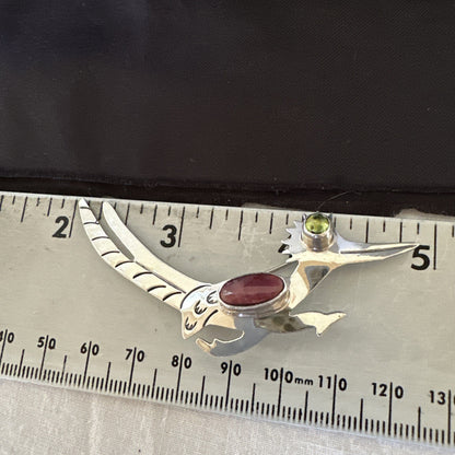 Road Runner Spiny Peridot Navajo Sterling Silver Stamped Pin Brooch 3” 19089