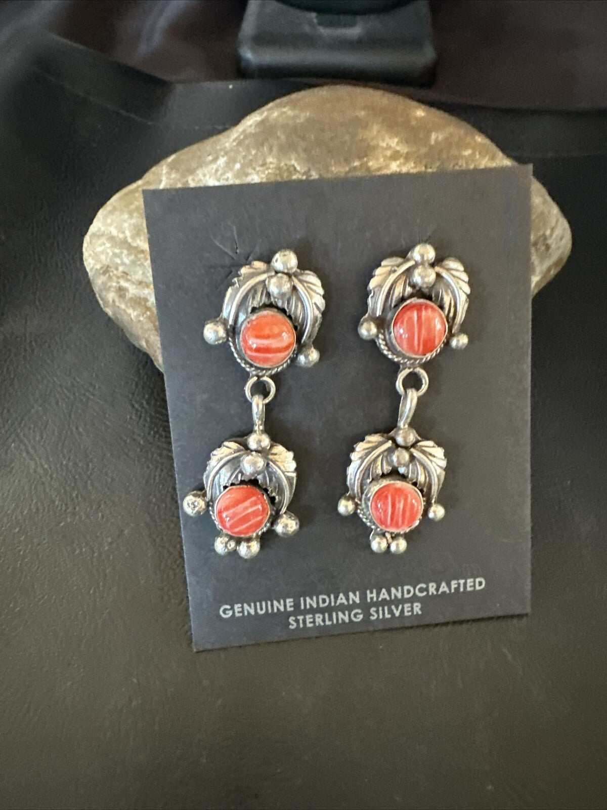 Red Spiny Oyster Pearl Navajo Sterling Silver Dangle Earrings 2062