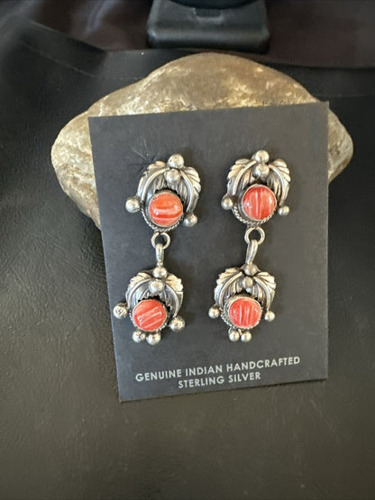 Red Spiny Oyster Pearl Navajo Sterling Silver Dangle Earrings 2062