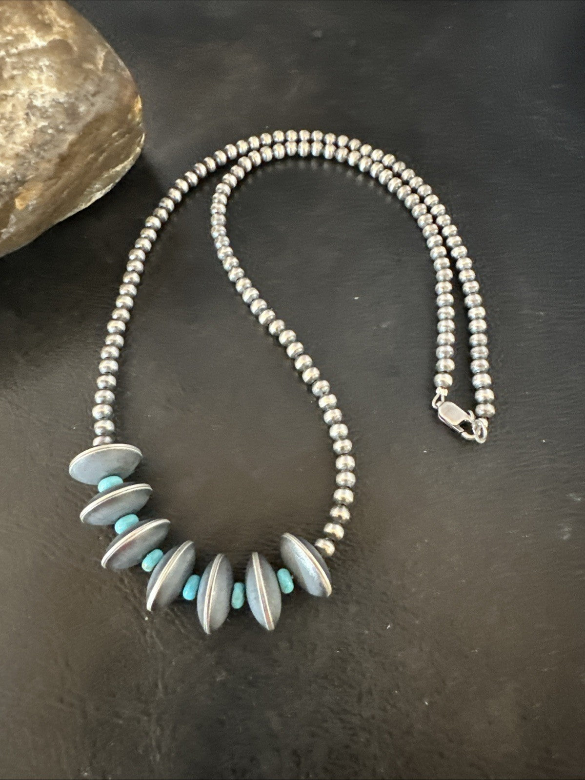 Blue Turquoise Round Flat Sterling Silver Beads Necklace 20” 19026