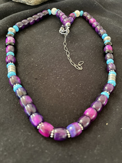 Purple Stone & Turquoise Indian Navajo Pearls Sterling Silver Necklace 01054