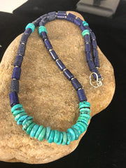 Blue Turquoise Lapis Navajo Pearls Necklace 23" | Sterling Silver | Authentic Native American Handmade | 03245
