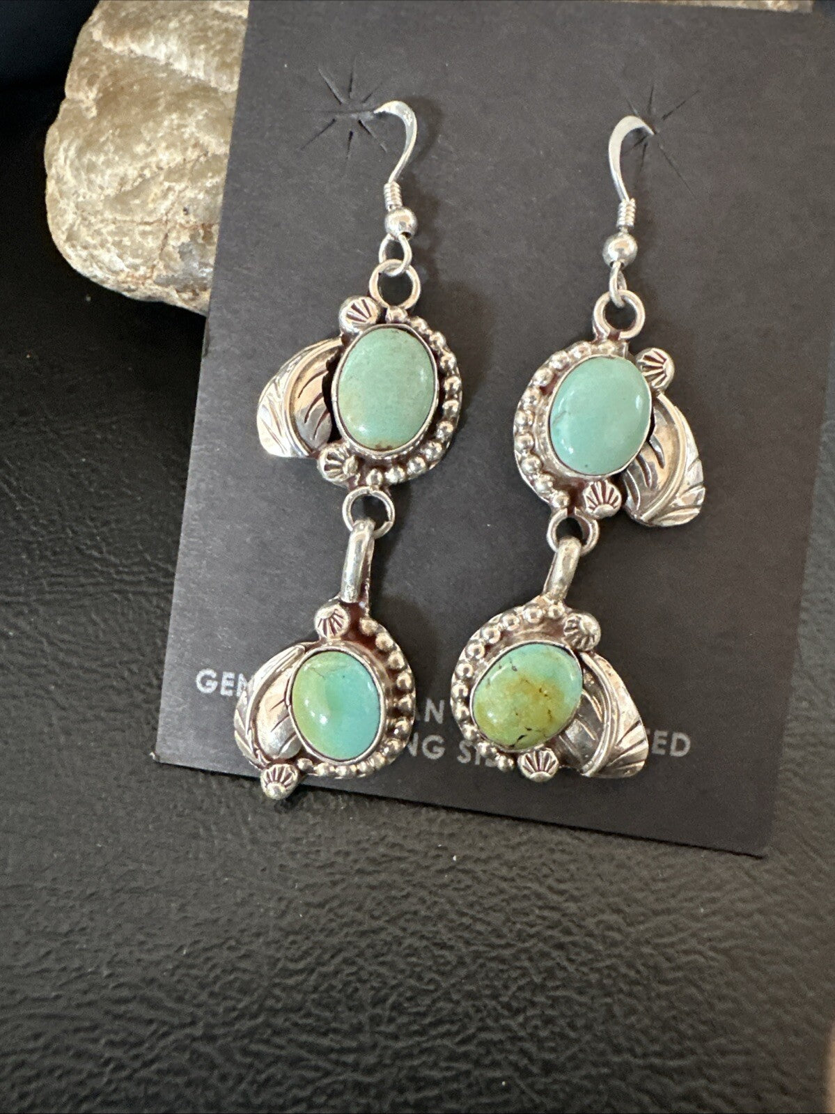 Navajo Green Royston Turquoise Sterling Silver Dangle Earrings 18804