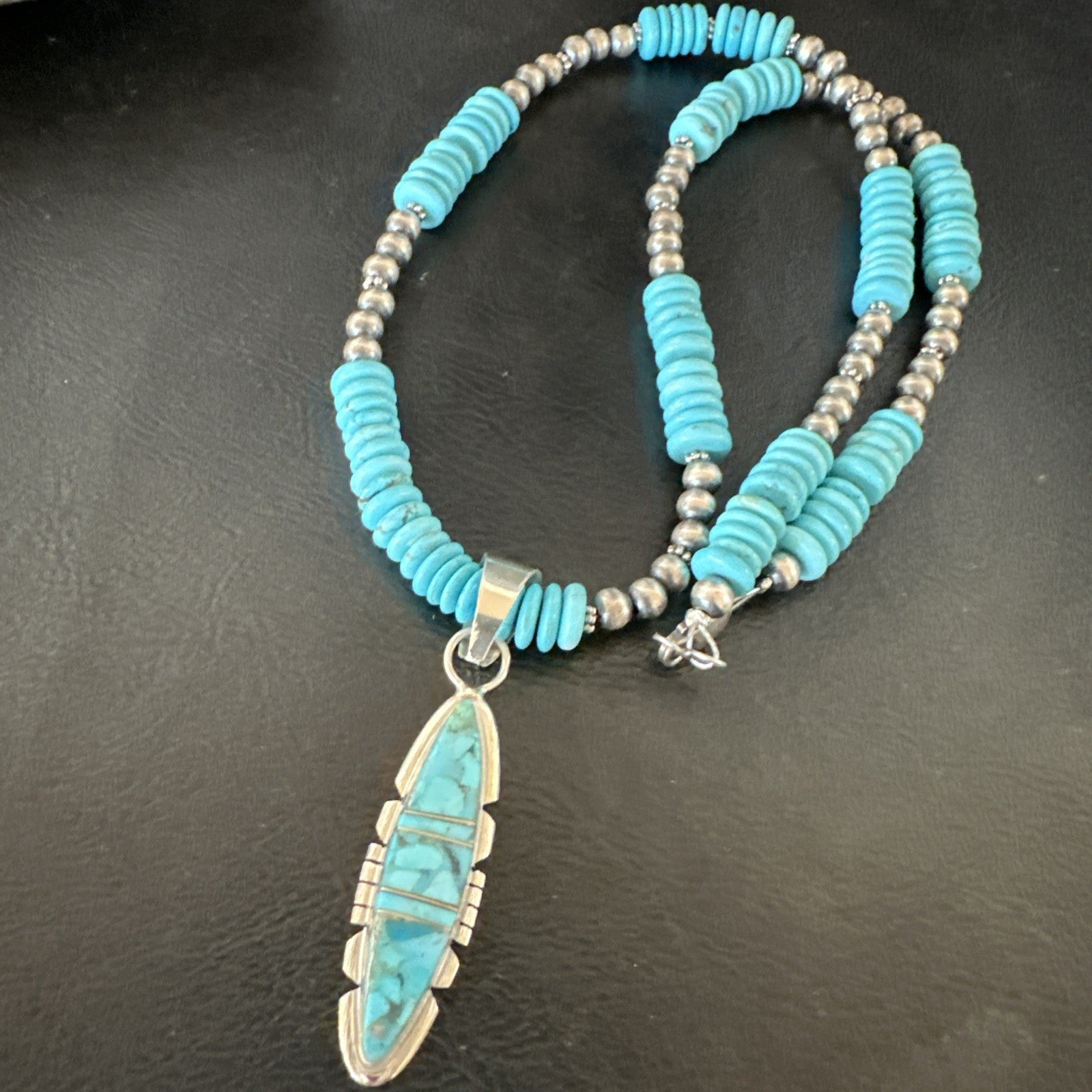 Blue Turquoise Inlay Pendant Navajo Sterling Native American Necklace 20" 19510