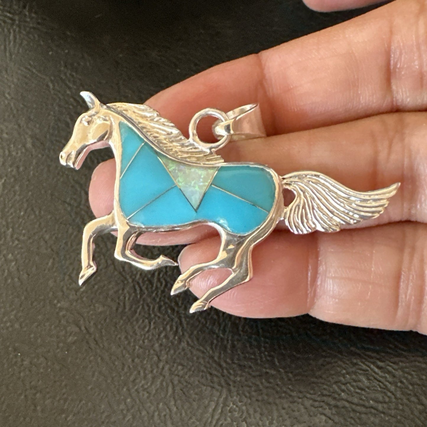 Horse Inlay Southwestern Cowboy Blue Turquoise Sterling Silver Pendant 2” 19160