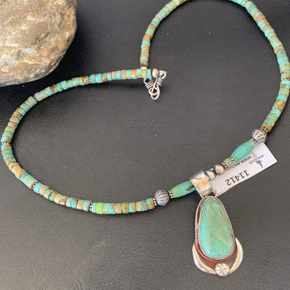 Green Turquoise Pendant Navajo Pearls Sterling Silver Necklace 11412
