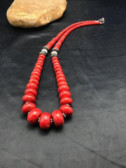 Apple Sponge Coral Graduated Bead Navajo Sterling Silver Necklace 4558