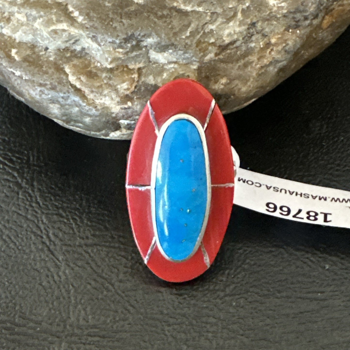 Blue Turquoise Coral Navajo Sterling Silver Ring Size 7.5 18766