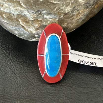 Blue Turquoise Coral Navajo Sterling Silver Ring Size 7.5 18766