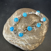 Children Blue Kingman Turquoise Navajo Link Bracelet 6.5" | Sterling Silver | Authentic Native American Handmade | 18300