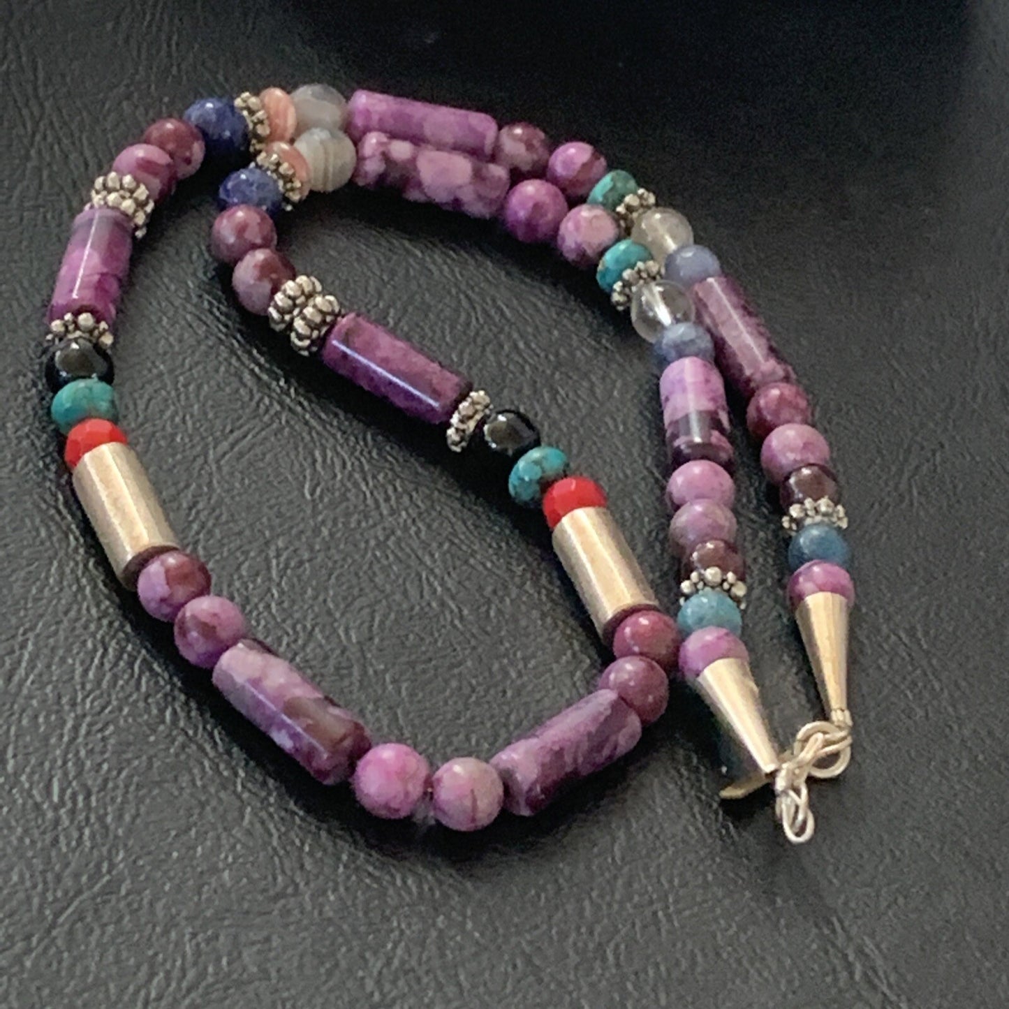 Turquoise Purple Stone & Coral Beads Navajo Sterling Silver Necklace 10391