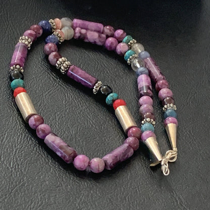 Turquoise Purple Stone & Coral Beads Navajo Sterling Silver Necklace 10391