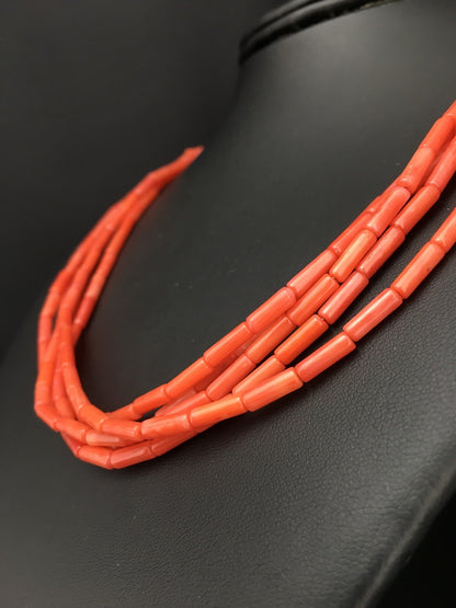 Orange Coral Tube Heishi Bead 5 Strand Navajo Sterling Silver Necklace 19" 1108