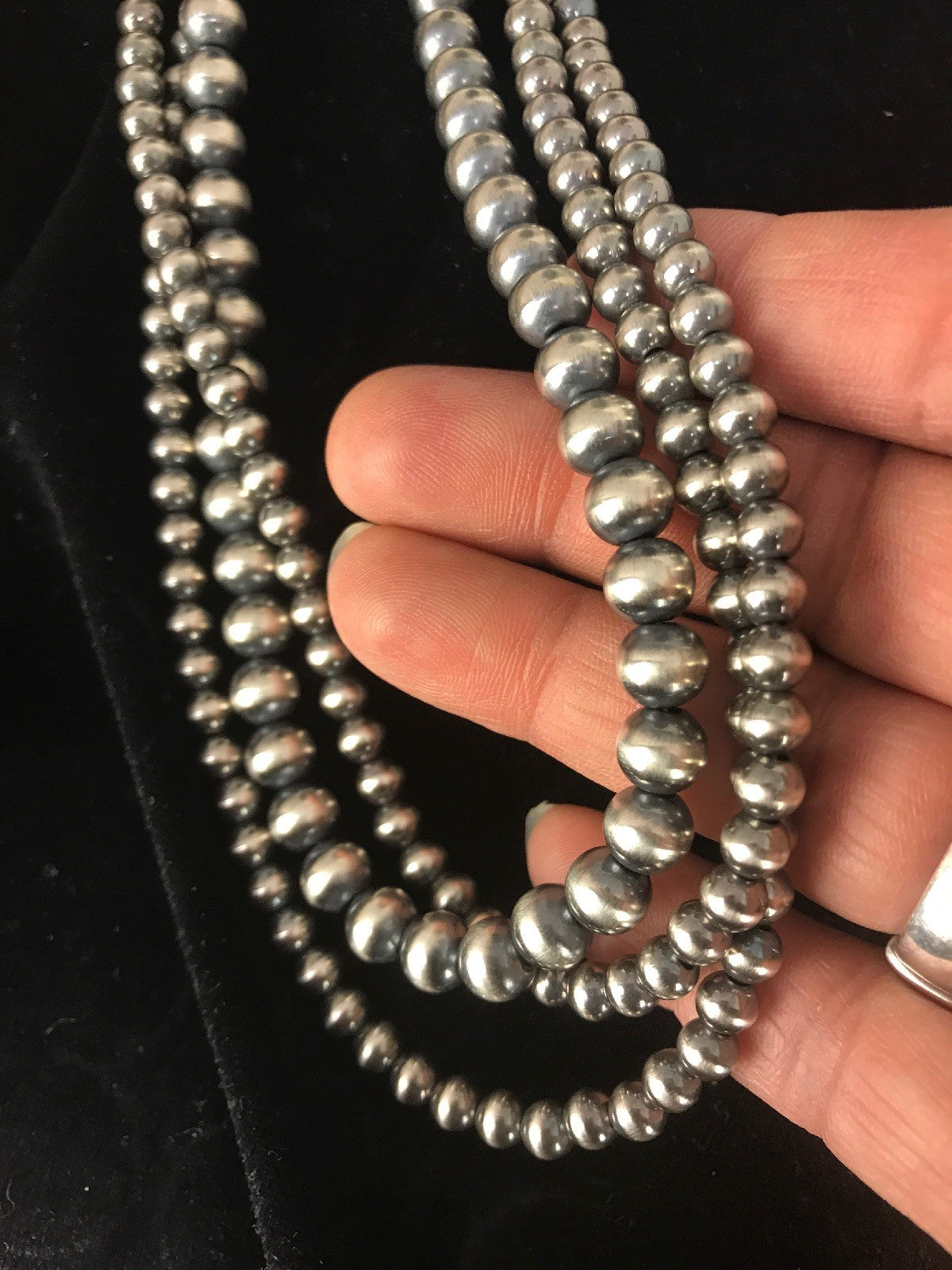 Native American 4, 5, 6 mm Sterling Silver Beads 3 Strand 30” Necklace