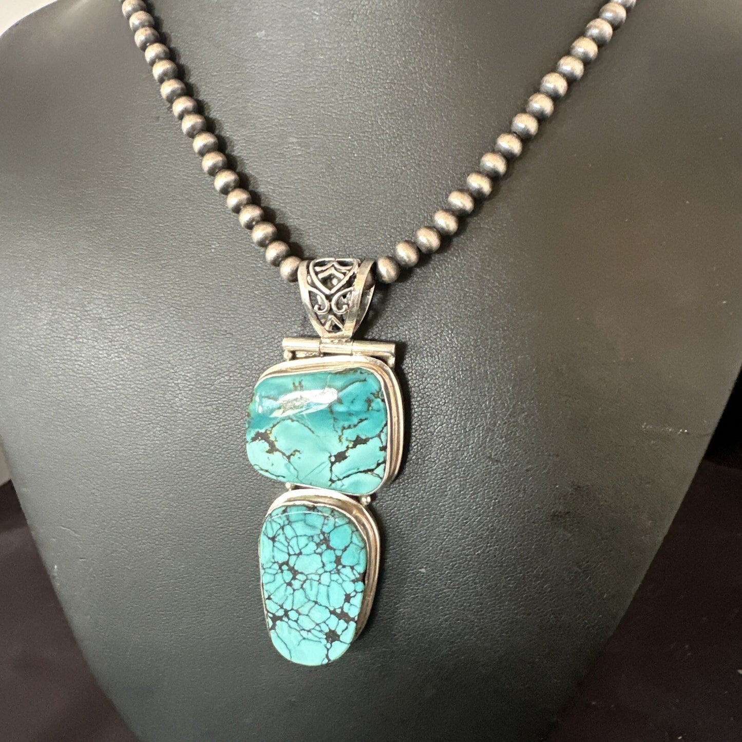 Blue Spiderweb Turquoise Pendant Navajo Pearls Sterling Silver Necklace 16008