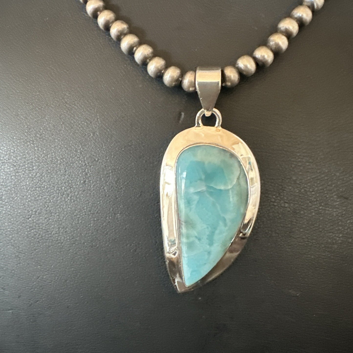 Womens Blue Larimar Pendant Navajo Sterling Silver Beads Necklace 17716
