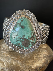 Men's Kingman Turquoise Navajo Cuff Bracelet | Sterling Silver | Authentic Native American Handmade | 01288