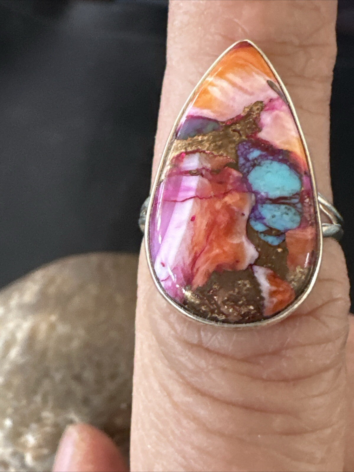 Blue Turquoise Spiny Oyster Southwestern Sterling Silver Ring Size 7 18433