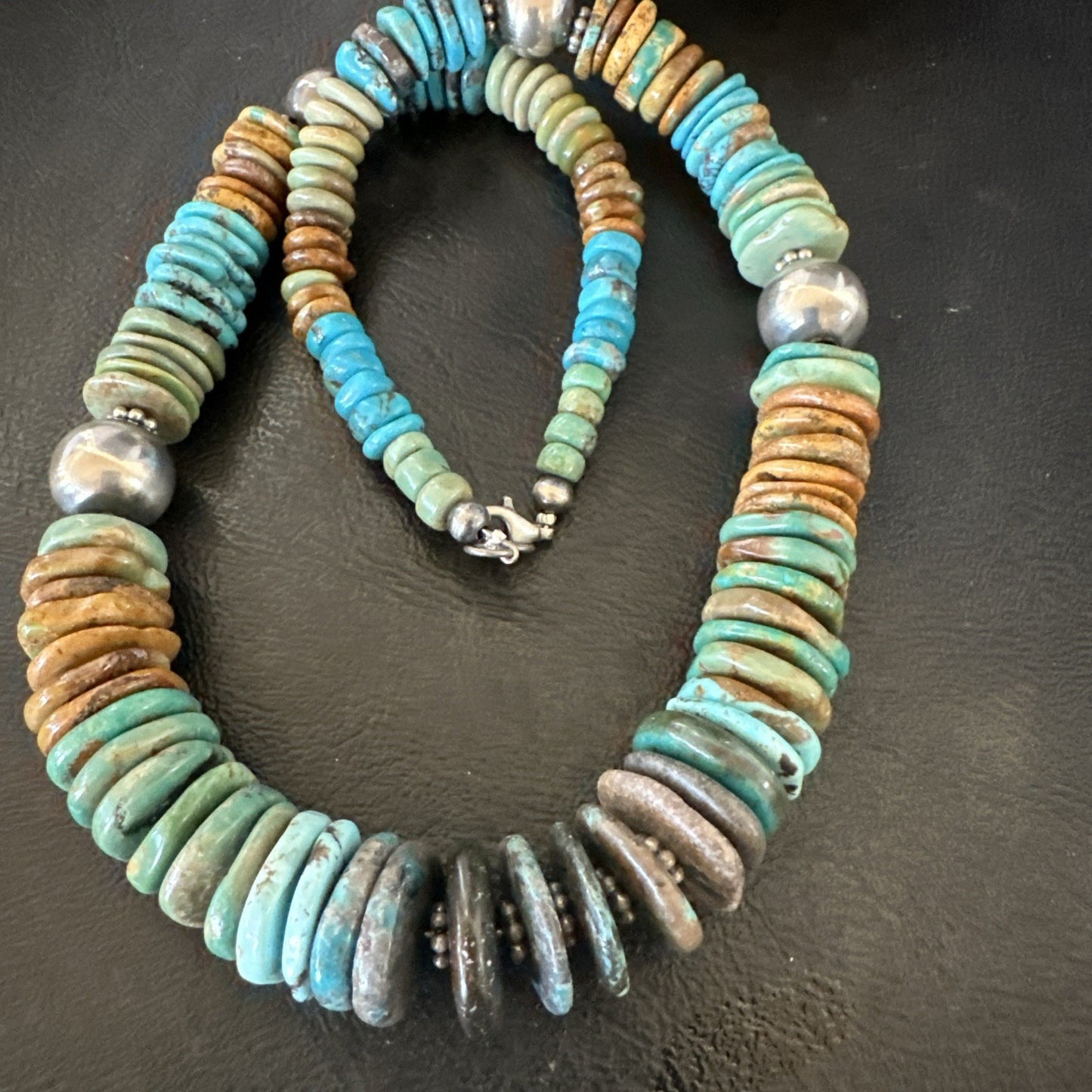 Blue Green Turquoise Navajo Sterling Silver Beads Necklace 20” 19176