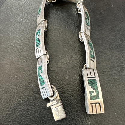 Taxco Turquoise Chip Inlay Sterling Silver Choker Old Pawn Bracelet 7” 19795